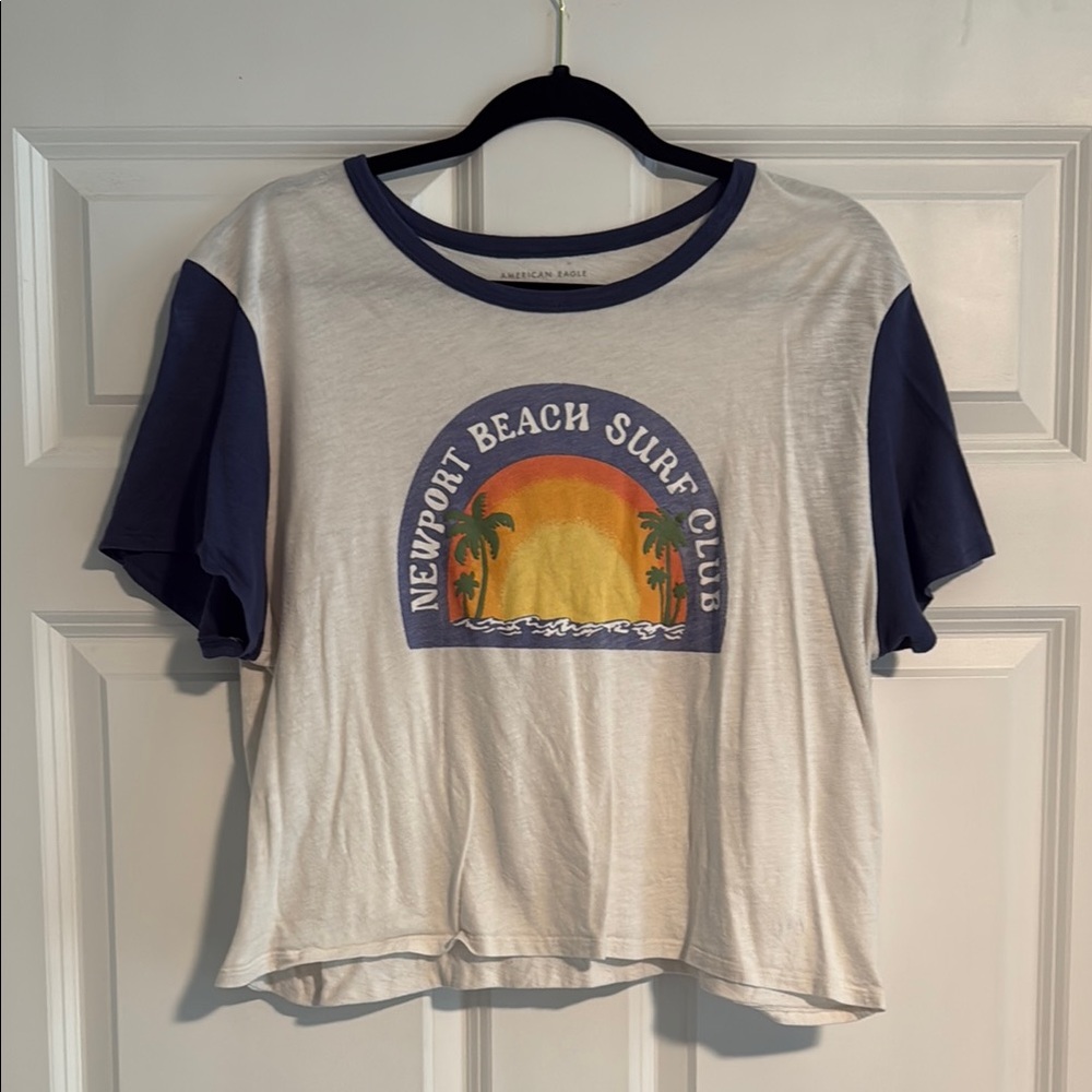 American Eagle Outfitters Cream and Blue Surf Club Tee